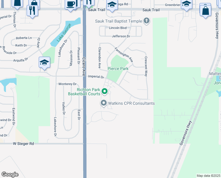 map of restaurants, bars, coffee shops, grocery stores, and more near 4545 Heartland Drive in Richton Park