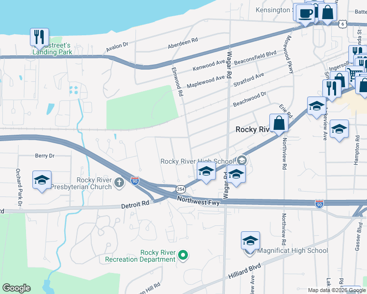 map of restaurants, bars, coffee shops, grocery stores, and more near 1265 Eriewood Drive in Rocky River