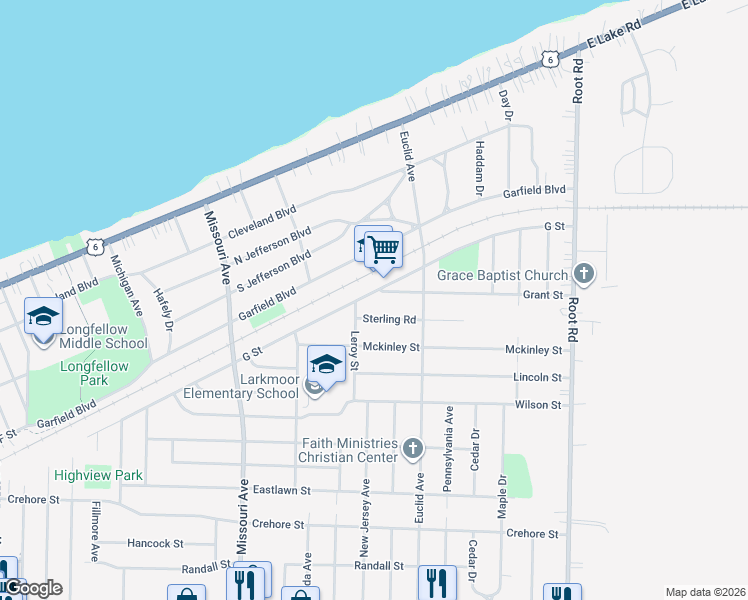 map of restaurants, bars, coffee shops, grocery stores, and more near 2836 G Street in Lorain