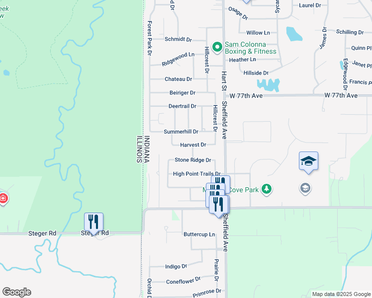 map of restaurants, bars, coffee shops, grocery stores, and more near 150 Stone Ridge Drive in Dyer