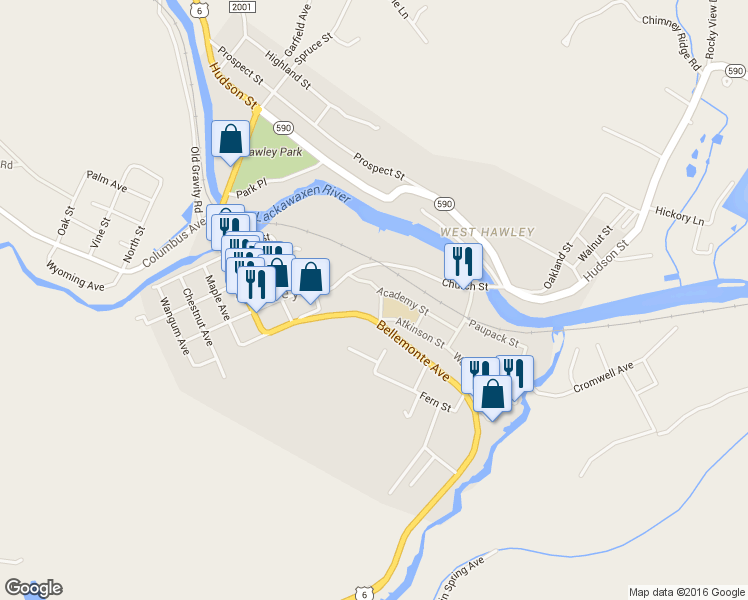 map of restaurants, bars, coffee shops, grocery stores, and more near 155 School Avenue in Hawley