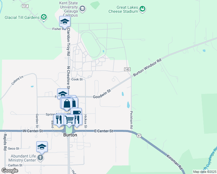map of restaurants, bars, coffee shops, grocery stores, and more near 14043 Goodwin Street in Burton