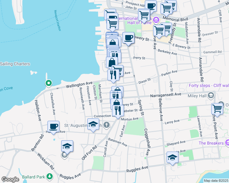 map of restaurants, bars, coffee shops, grocery stores, and more near 14 West Narragansett Avenue in Newport