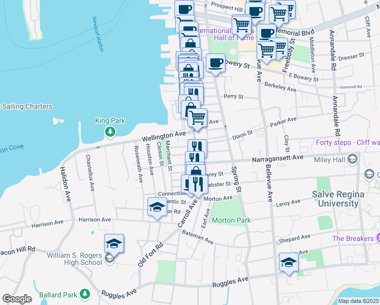map of restaurants, bars, coffee shops, grocery stores, and more near 14 West Narragansett Avenue in Newport
