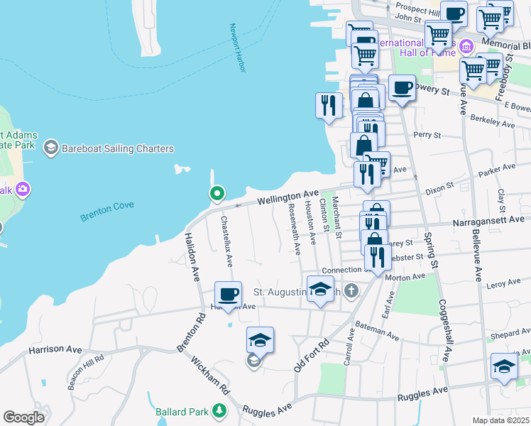 map of restaurants, bars, coffee shops, grocery stores, and more near 3 Harbor View Drive in Newport