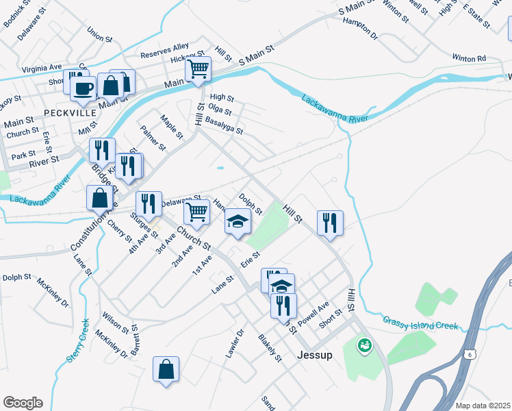 map of restaurants, bars, coffee shops, grocery stores, and more near 334 Dolph Street in Jessup