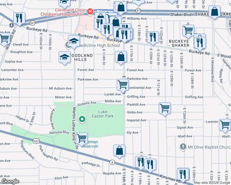 map of restaurants, bars, coffee shops, grocery stores, and more near 11417 Melba Avenue in Cleveland