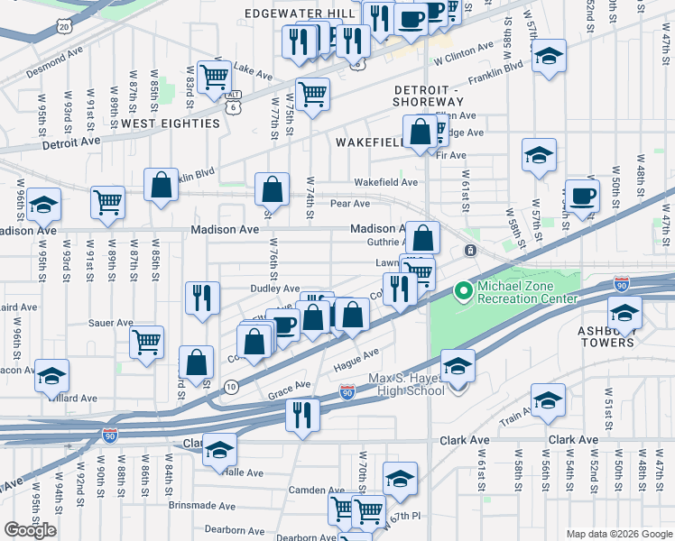 map of restaurants, bars, coffee shops, grocery stores, and more near 2082 West 73rd Street in Cleveland