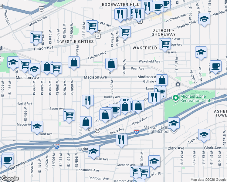 map of restaurants, bars, coffee shops, grocery stores, and more near 7610 Dudley Avenue in Cleveland
