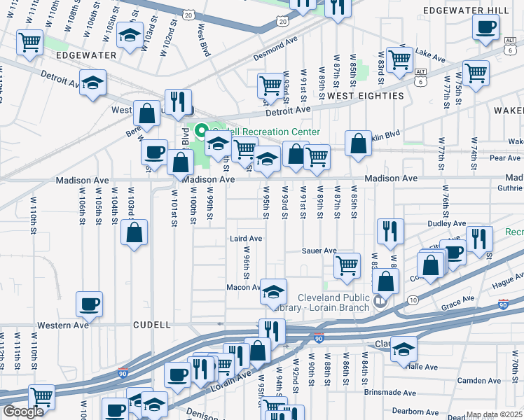 map of restaurants, bars, coffee shops, grocery stores, and more near 2077 West 95th Street in Cleveland