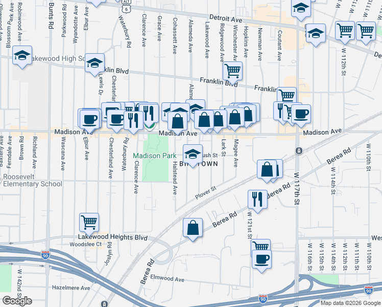 map of restaurants, bars, coffee shops, grocery stores, and more near in Lakewood