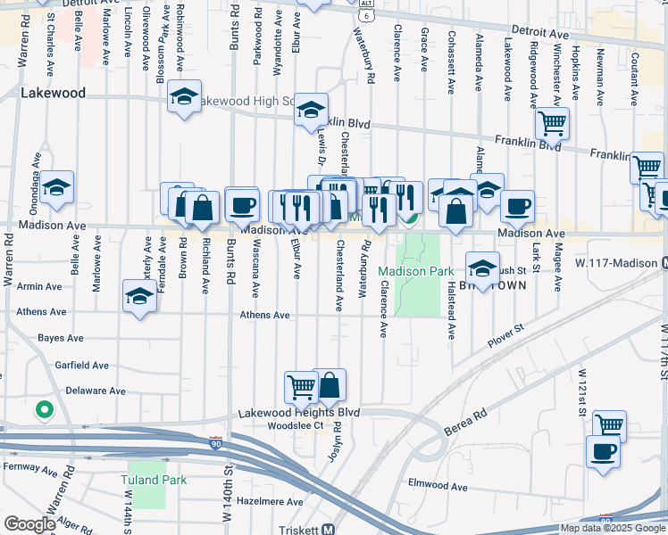 map of restaurants, bars, coffee shops, grocery stores, and more near 2066 Chesterland Avenue in Lakewood