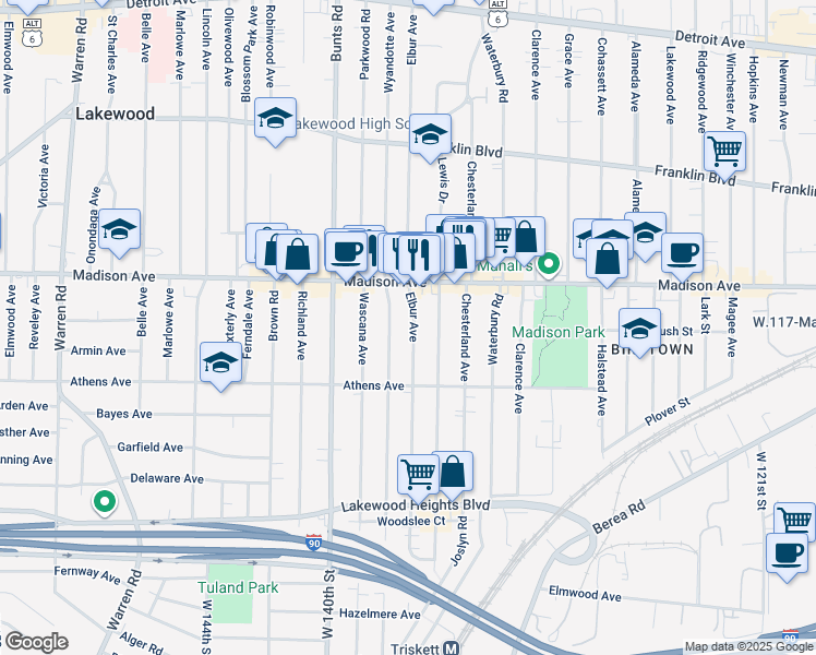 map of restaurants, bars, coffee shops, grocery stores, and more near 2070 Lewis Drive in Lakewood