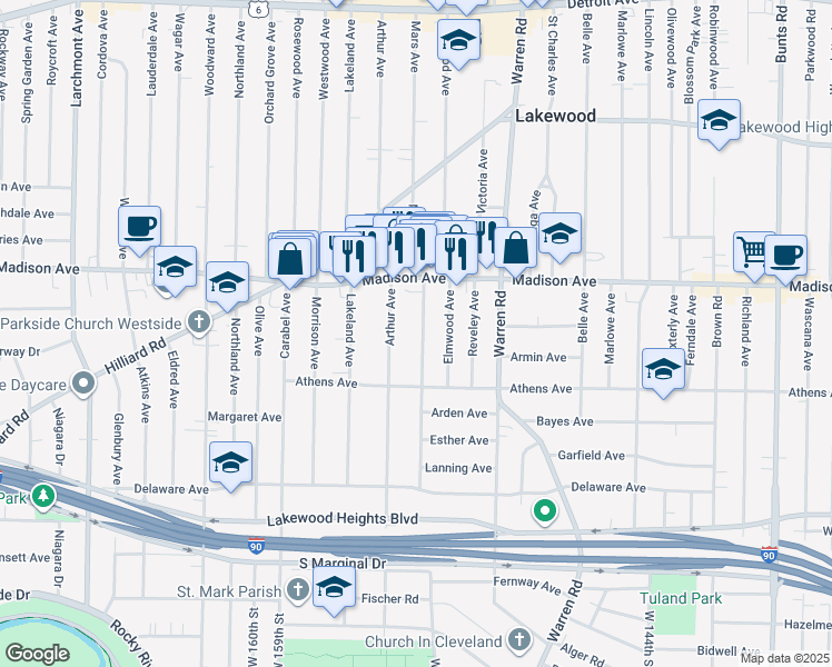 map of restaurants, bars, coffee shops, grocery stores, and more near 2077 Arthur Avenue in Lakewood