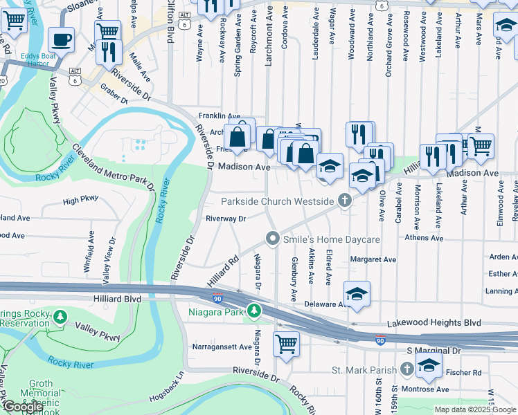 map of restaurants, bars, coffee shops, grocery stores, and more near 17319 Riverway Drive in Lakewood