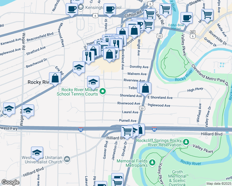 map of restaurants, bars, coffee shops, grocery stores, and more near 19682 Riverwood Avenue in Rocky River