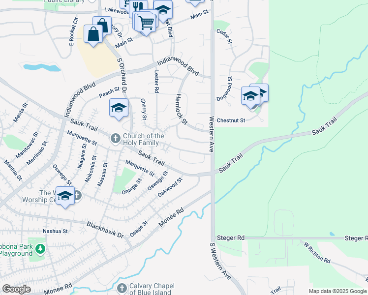 map of restaurants, bars, coffee shops, grocery stores, and more near 16 Oak Lane in Park Forest