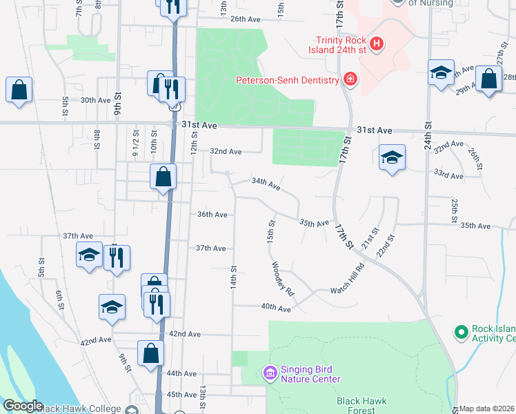 map of restaurants, bars, coffee shops, grocery stores, and more near 3510 15th Street in Rock Island