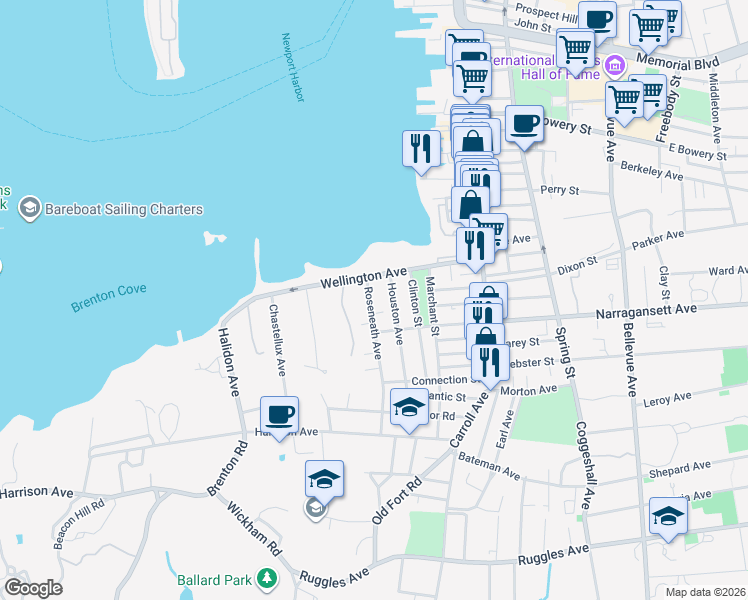 map of restaurants, bars, coffee shops, grocery stores, and more near 32 Roseneath Avenue in Newport