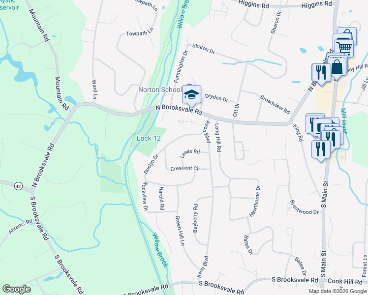 map of restaurants, bars, coffee shops, grocery stores, and more near 80 Lewis Road in Cheshire