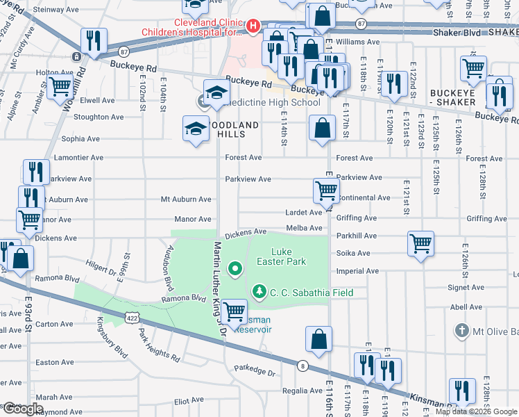 map of restaurants, bars, coffee shops, grocery stores, and more near 11125 Melba Avenue in Cleveland