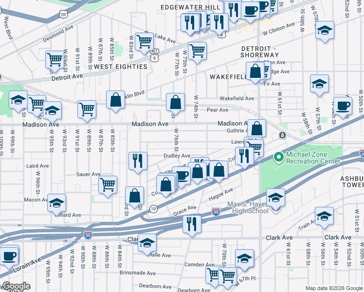 map of restaurants, bars, coffee shops, grocery stores, and more near 7415 Dudley Avenue in Cleveland