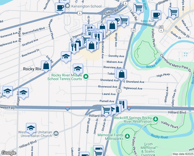 map of restaurants, bars, coffee shops, grocery stores, and more near 19682 Riverwood Avenue in Rocky River