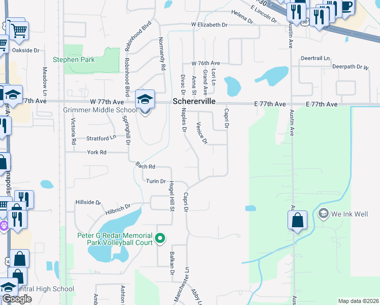 map of restaurants, bars, coffee shops, grocery stores, and more near 2558-2598 Naples Dr in Schererville