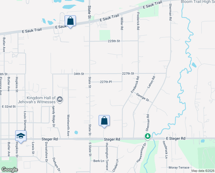 map of restaurants, bars, coffee shops, grocery stores, and more near 82 227th Place in Steger