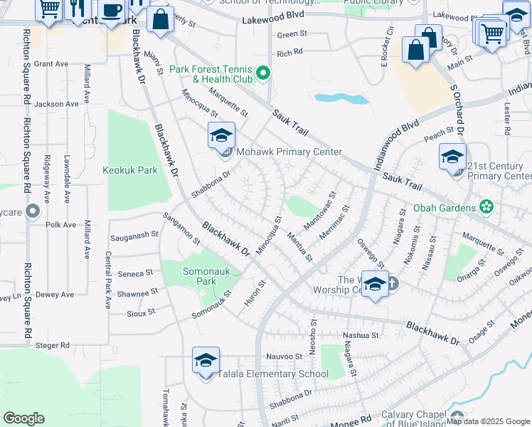 map of restaurants, bars, coffee shops, grocery stores, and more near 254 Minocqua Street in Park Forest