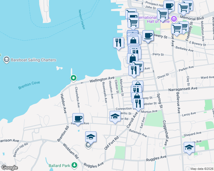 map of restaurants, bars, coffee shops, grocery stores, and more near 30 Roseneath Avenue in Newport