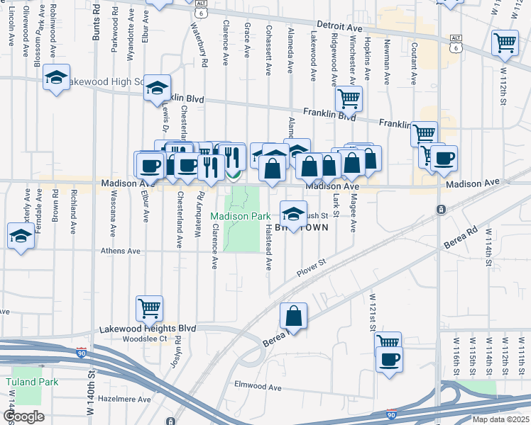 map of restaurants, bars, coffee shops, grocery stores, and more near 2040 Halstead Avenue in Lakewood