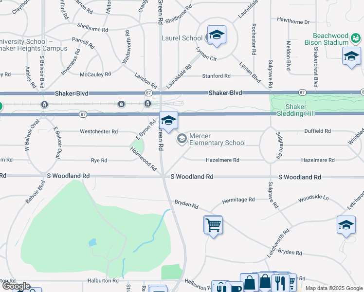 map of restaurants, bars, coffee shops, grocery stores, and more near 23325 Wimbledon Road in Shaker Heights