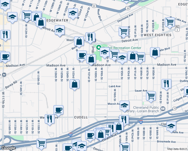 map of restaurants, bars, coffee shops, grocery stores, and more near 2018 West 100th Street in Cleveland