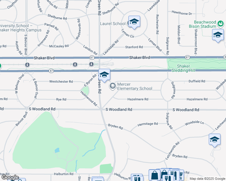 map of restaurants, bars, coffee shops, grocery stores, and more near 23325 Wimbledon Road in Shaker Heights
