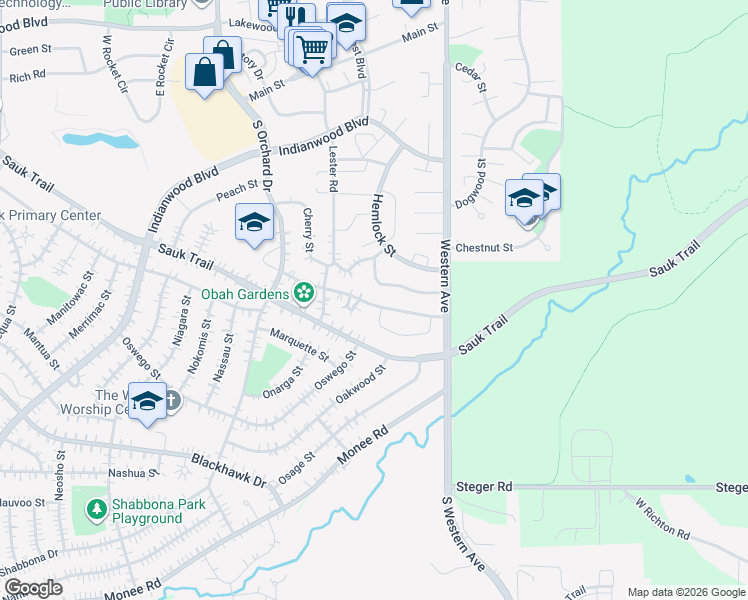 map of restaurants, bars, coffee shops, grocery stores, and more near 38 Apple Lane in Park Forest
