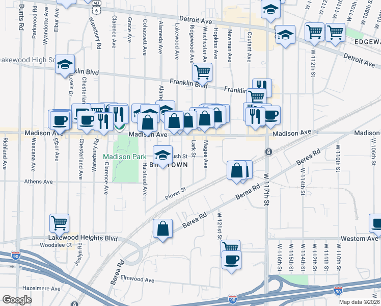 map of restaurants, bars, coffee shops, grocery stores, and more near in Lakewood