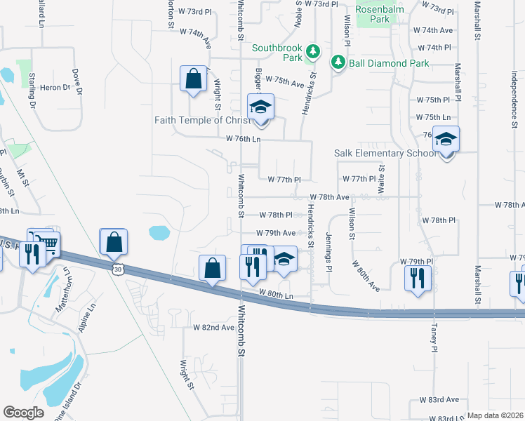 map of restaurants, bars, coffee shops, grocery stores, and more near 3706 West 78th Avenue in Merrillville