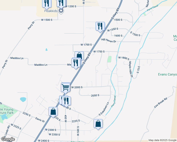 map of restaurants, bars, coffee shops, grocery stores, and more near 1873 South 300 West in Perry