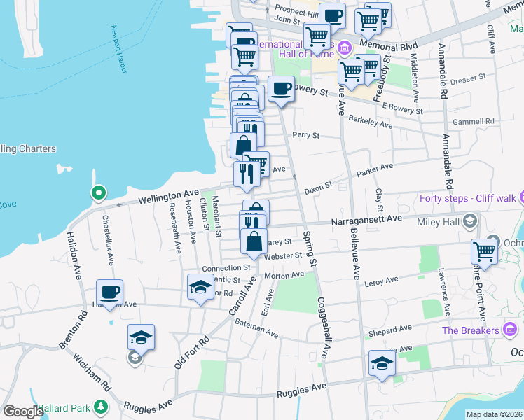 map of restaurants, bars, coffee shops, grocery stores, and more near 26 Dixon Street in Newport