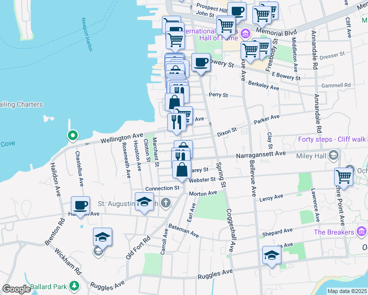 map of restaurants, bars, coffee shops, grocery stores, and more near 26 Dixon Street in Newport