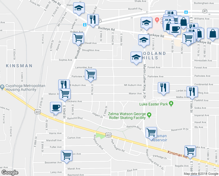 map of restaurants, bars, coffee shops, grocery stores, and more near 10005 Mount Auburn Avenue in Cleveland