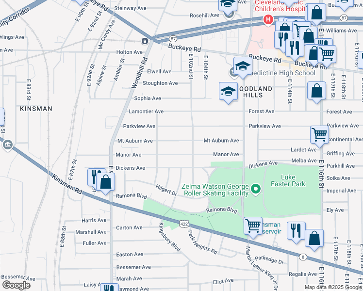 map of restaurants, bars, coffee shops, grocery stores, and more near 10005 Mount Auburn Avenue in Cleveland