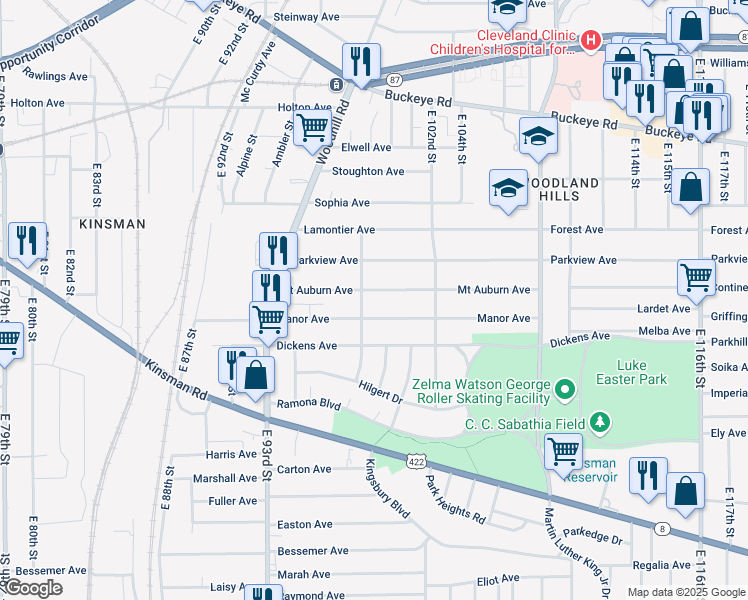 map of restaurants, bars, coffee shops, grocery stores, and more near 9805 Mount Auburn Avenue in Cleveland