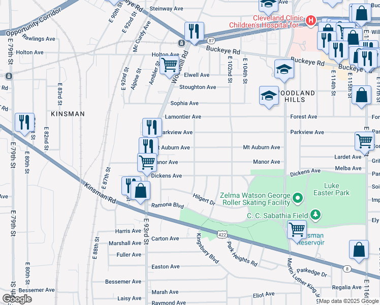 map of restaurants, bars, coffee shops, grocery stores, and more near 9615 Mount Auburn Avenue in Cleveland