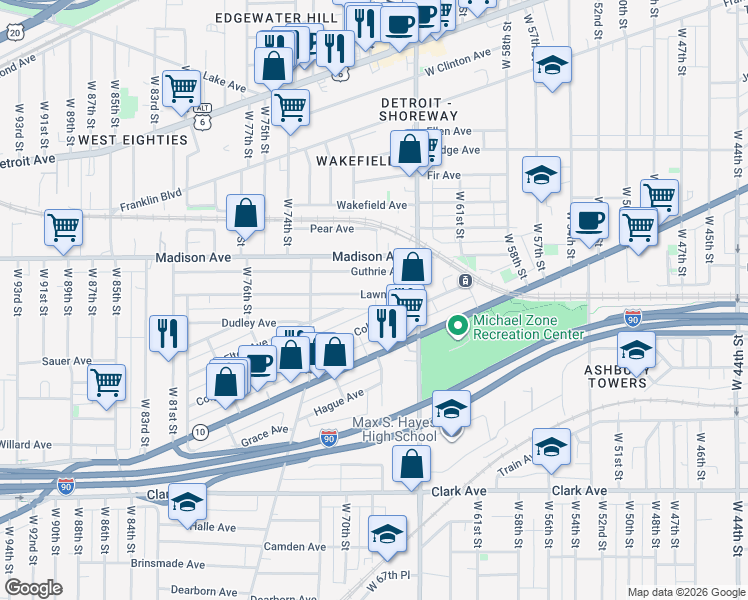 map of restaurants, bars, coffee shops, grocery stores, and more near 6711 Guthrie Avenue in Cleveland