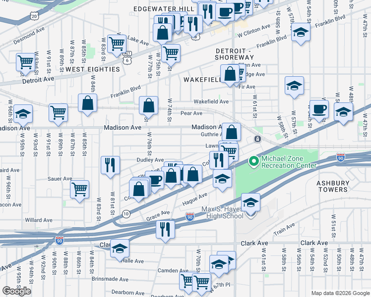 map of restaurants, bars, coffee shops, grocery stores, and more near 2020 West 73rd Street in Cleveland