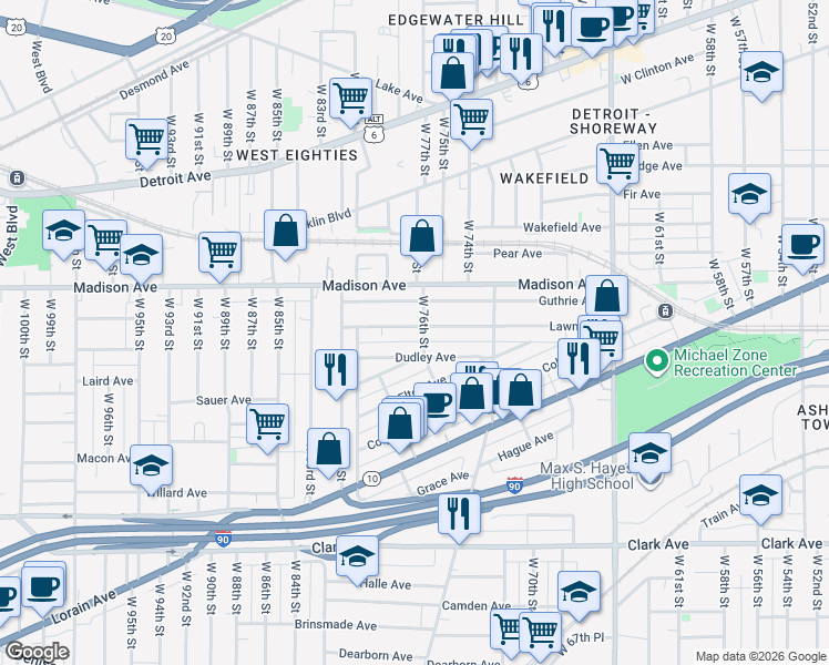 map of restaurants, bars, coffee shops, grocery stores, and more near 7615 Guthrie Avenue in Cleveland