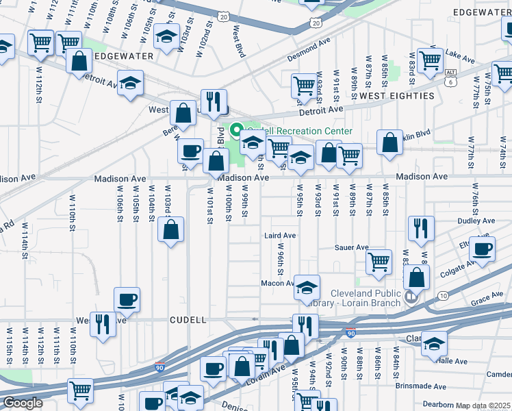 map of restaurants, bars, coffee shops, grocery stores, and more near in Cleveland