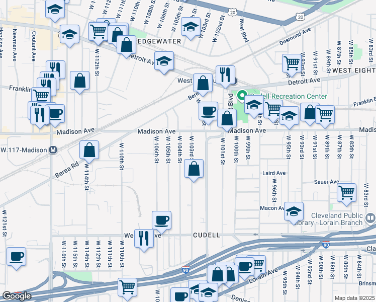 map of restaurants, bars, coffee shops, grocery stores, and more near 2017 West 104th Street in Cleveland